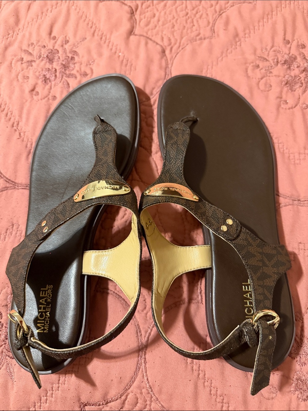 Michael Kors Brown and Cream Logo Thong Sandals with Gold Hardware